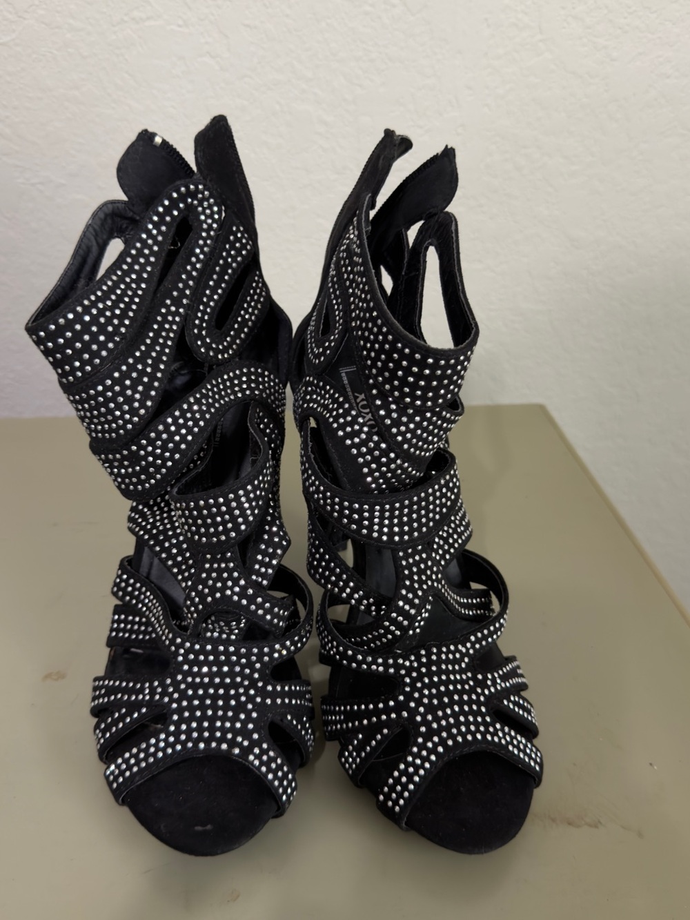 XOXO Perry Black Studded Caged Gladiator Heels 8